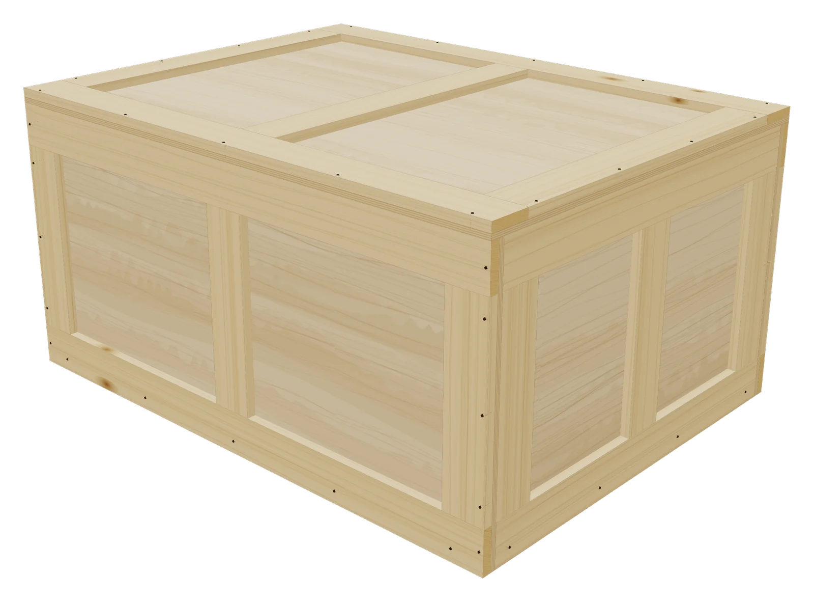A cleated plywood shipping crate modeled in Cratesmith, with 1x4 cleats, a cleated lid and screw holes.