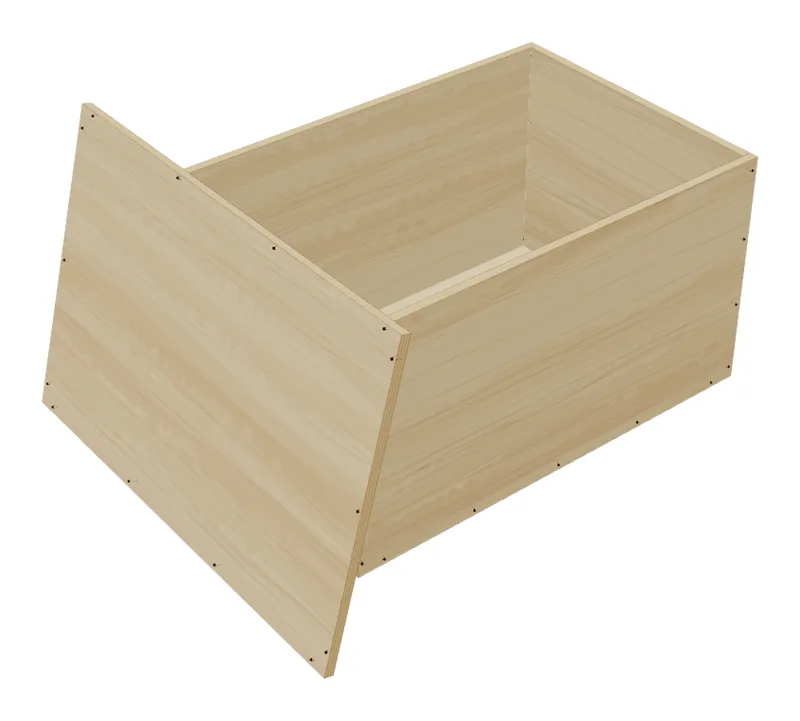 An open edge-screwed plywood box with its lid leaning against the end.