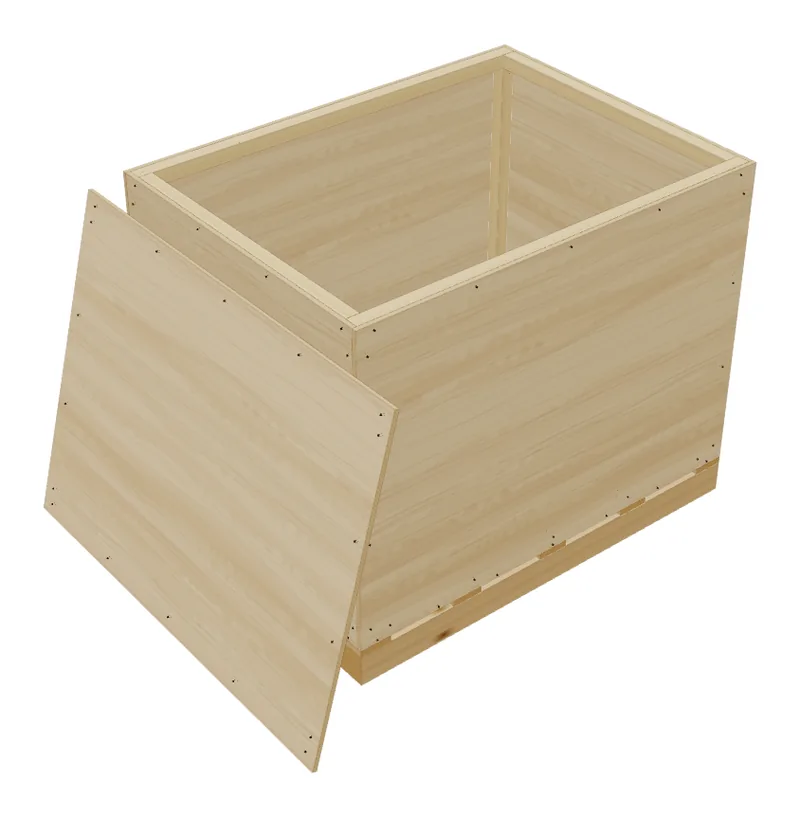 An open corner-post crate on a pallet, its lid leaning against the end.