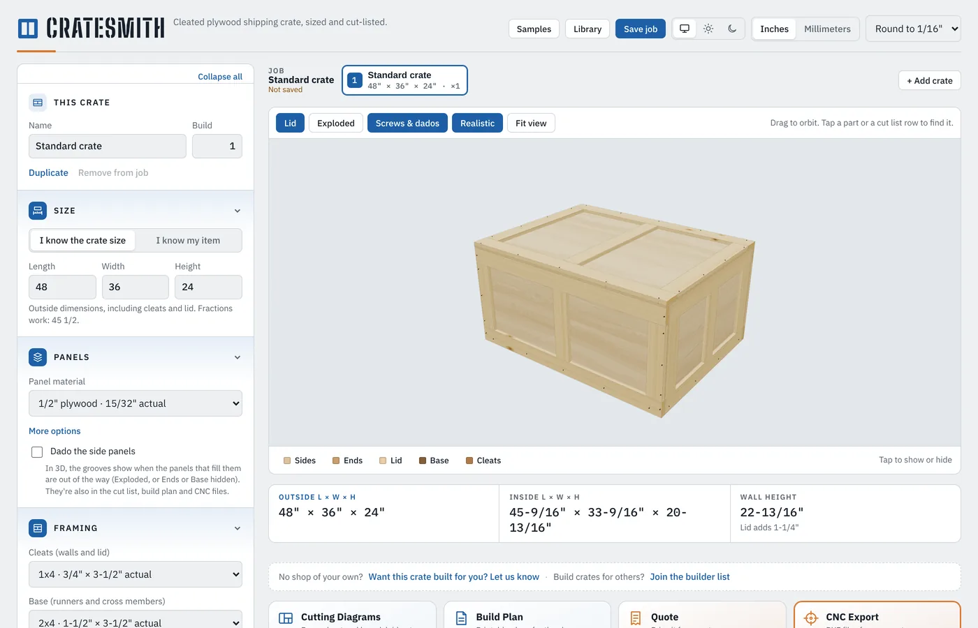 The Cratesmith app: crate settings on the left, the crate in 3D in the middle, with its outside and inside dimensions below.