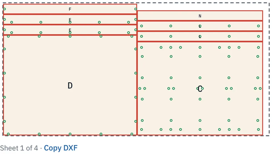 A CNC sheet preview with part outlines in red and screw holes marked in green.