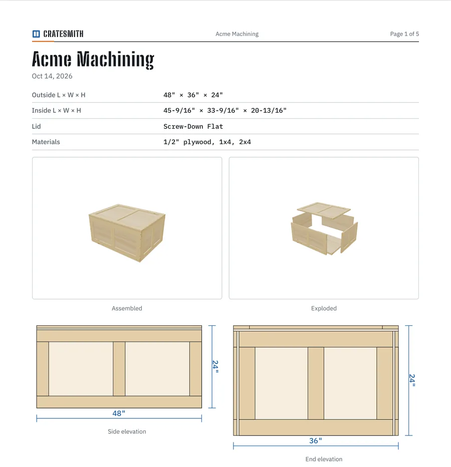 Page one of a Cratesmith build plan with the crate's dimensions, an assembled and exploded view, and side and end elevations.